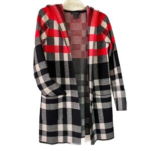 Tahari Open Front Hooded Sweater, Sz. S, Red/Black/Lt. Tan Plaid